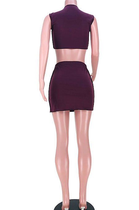 Purple Casual Women Sleeveless Tops Spliced Slit Skirts Sets JZH8065
