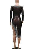 Blue Mid Waist Hot Drilling Pure Color Sexy Polyester Mesh Long Sleeve Mini Dress YF9104-5