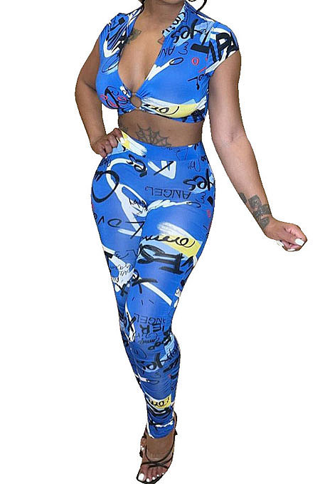 Blue Women Tie Dye Printing Short Sleeve Long Pants HYM86813