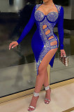 Apricot Mid Waist Hot Drilling Pure Color Sexy Polyester Mesh Long Sleeve Mini Dress YF9104-4