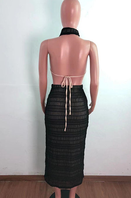 Black Cross Fold Perspective Sexy Halter Neck Strapless Long Skirts Sets QZ4350-1