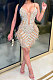 Apricot Hot Drilling Mid Waist Polyester Mesh Condole Belt Mini Dress YF9095-2
