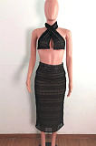 Navy Blue Cross Fold Perspective Sexy Halter Neck Strapless Long Skirts Sets QZ4350-3
