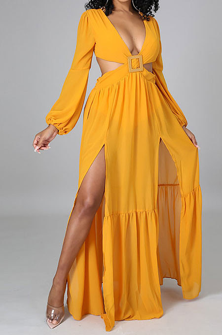 Yellow Long Sleeve Mid Waist Sexy Zipper Pure Color Long Dress YF9105-1