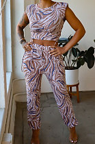 Blue Women Sleeveless Drawsting Casual Sports Pants Sets JZH8067