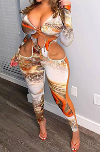 Orange Women Autumn Winter Sexy Hollow Out Bnadage Bodycon Jumpsuits JZH8070