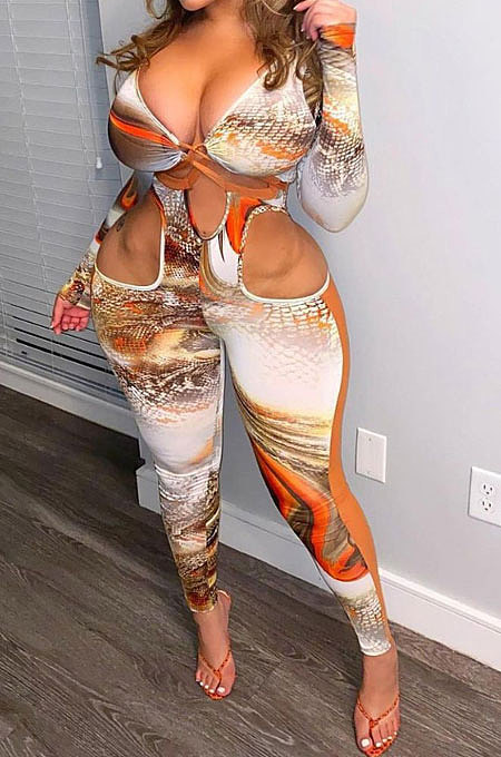 Orange Women Autumn Winter Sexy Hollow Out Bnadage Bodycon Jumpsuits JZH8070