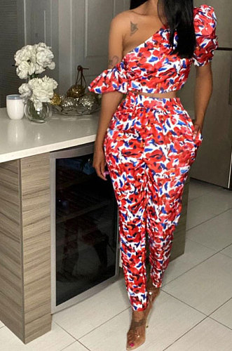 Red Casual Women Puff Sleeve Hypotenuse Pants Sets JZH8068