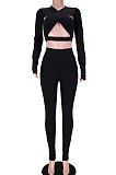 Black Women Pure Color Sexy Cross Hollow Out Sports Pants Sets GL6396-1