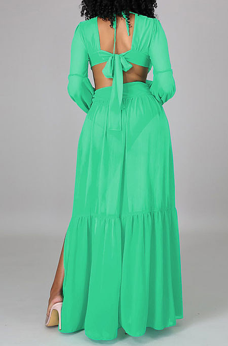Yellow Long Sleeve Mid Waist Sexy Zipper Pure Color Long Dress YF9105-1