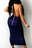 Navy Blue Cross Fold Perspective Sexy Halter Neck Strapless Long Skirts Sets QZ4350-3