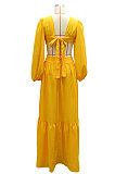 Green Long Sleeve Mid Waist Sexy Zipper Pure Color Long Dress YF9105-2