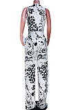 Black White Women Deep V Loose With Belt Pocket Casual Jumpsuits JZH8066