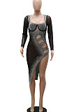 Blue Mid Waist Hot Drilling Pure Color Sexy Polyester Mesh Long Sleeve Mini Dress YF9104-5