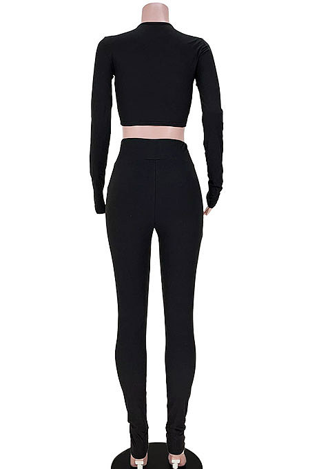 Black Women Pure Color Sexy Cross Hollow Out Sports Pants Sets GL6396-1