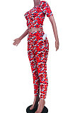 Red Casual Women Puff Sleeve Hypotenuse Pants Sets JZH8068
