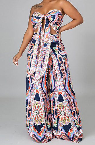 Dark Blue Milk Silk Printing Sleeveless Strapless Sexy Pants Sets YF9082-8