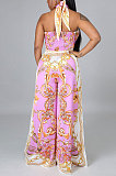 Pink Milk Silk Printing Sleeveless Strapless Sexy Pants Sets YF9082-3