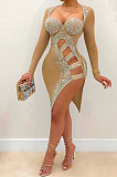 Golden Mid Waist Hot Drilling Pure Color Sexy Polyester Mesh Long Sleeve Mini Dress YF9104-3