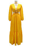Green Long Sleeve Mid Waist Sexy Zipper Pure Color Long Dress YF9105-2