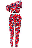 Red Casual Women Puff Sleeve Hypotenuse Pants Sets JZH8068