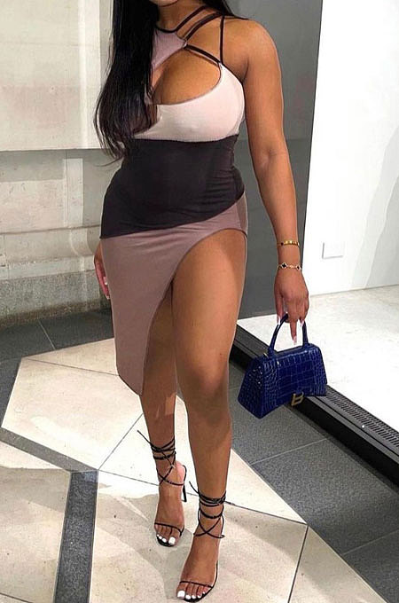 Apricot Women Sleeveless Contrast Color Hollow Out Condole Belt Split Mini Dress JZH8060