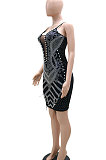 Black Hot Drilling Mid Waist Polyester Mesh Condole Belt Mini Dress YF9095-1