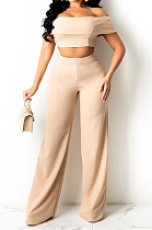Khaki A Word Shoulder Strapless Zipper Wide Leg Pants Fashion Sets SZS8133-4