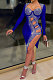 Blue Mid Waist Hot Drilling Pure Color Sexy Polyester Mesh Long Sleeve Mini Dress YF9104-5