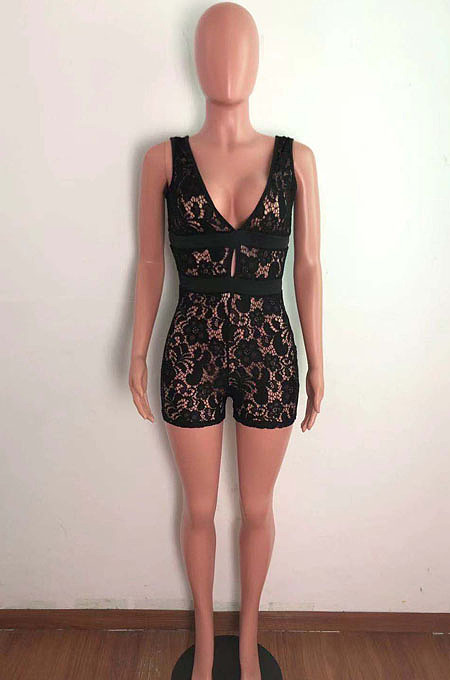 Black Bud Silk Deep V Sleeveless Romper Shorts QZ4349