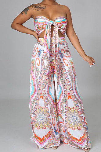 White Milk Silk Printing Sleeveless Strapless Sexy Pants Sets YF9082-2