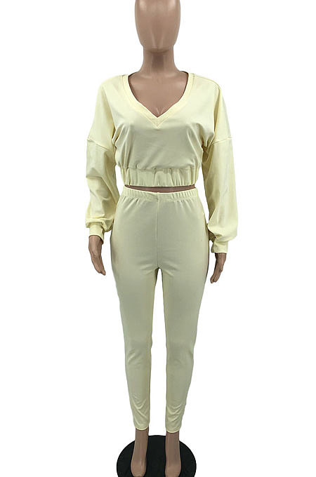 Beige Women V Neck Long Sleeve Long Pant Pure Color Two-Pieces HYM86814-1
