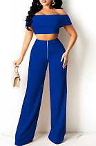 Peacock Blue A Word Shoulder Strapless Zipper Wide Leg Pants Fashion Sets SZS8133-2