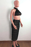 Wine Red Cross Fold Perspective Sexy Halter Neck Strapless Long Skirts Sets QZ4350-2