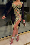 Apricot Mid Waist Hot Drilling Pure Color Sexy Polyester Mesh Long Sleeve Mini Dress YF9104-4