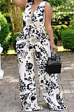 Black White Women Deep V Loose With Belt Pocket Casual Jumpsuits JZH8066