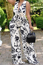 Black White Women Deep V Loose With Belt Pocket Casual Jumpsuits JZH8066