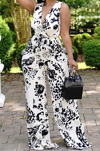 Black White Women Deep V Loose With Belt Pocket Casual Jumpsuits JZH8066
