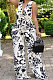 Black White Women Deep V Loose With Belt Pocket Casual Jumpsuits JZH8066