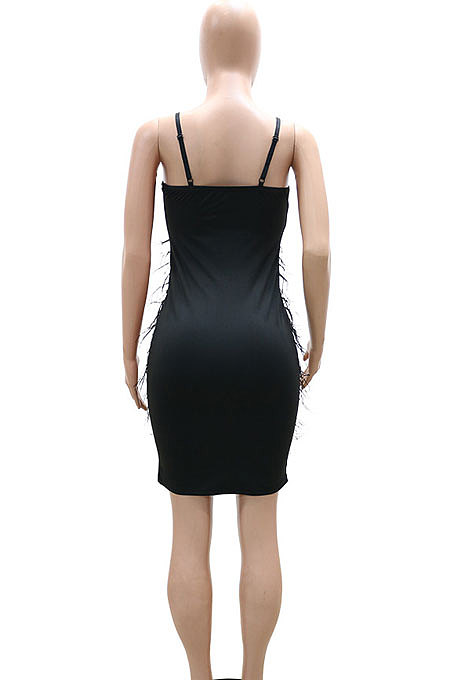 Black Hot Drilling Mid Waist Polyester Mesh Condole Belt Mini Dress YF9095-1