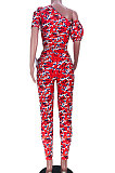 Red Casual Women Puff Sleeve Hypotenuse Pants Sets JZH8068