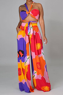 Red Milk Silk Printing Sleeveless Strapless Sexy Pants Sets YF9082-4