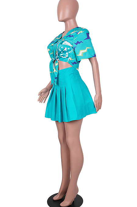Lake Blue Print Loose Button Shirts Peleated Skirts Sets SZS8120-1