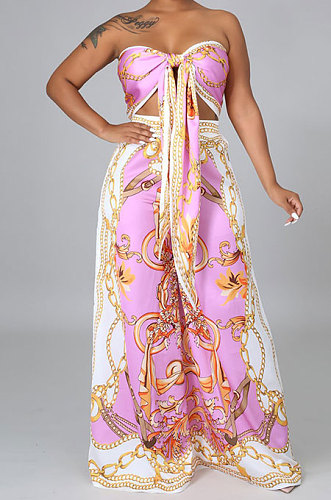 Pink Milk Silk Printing Sleeveless Strapless Sexy Pants Sets YF9082-3