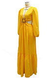 Yellow Long Sleeve Mid Waist Sexy Zipper Pure Color Long Dress YF9105-1