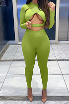 Mustard Green Women Pure Color Sexy Cross Hollow Out Sports Pants Sets GL6396-8