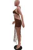 Neon Green Knitting Halter Neck Strapless Tassel Beach Dress TRS1166-5