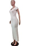 Black Pure Color Fashion V Neck Backless Slit Zipper Bodycon Dress WY6825-3
