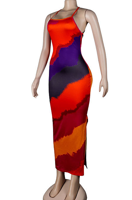 Yellow Women Club Sexy Printing Backless Long Dress KA7182-2