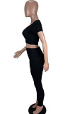 Orange Ribber U Neck Pure Color Short Sleeve Long Pants Two Piece TZ1310-2